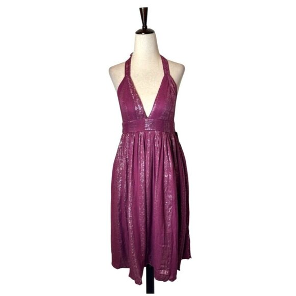 Lulus Dress Women XS Purple Magenta Charlize Metallic Striped Halter Midi NWT - Picture 2 of 15